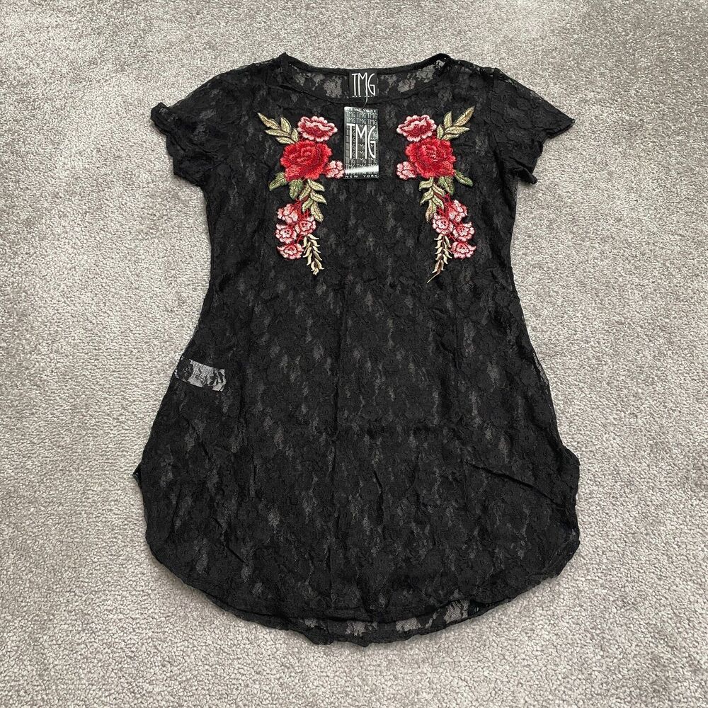 TMG New York Embroidered Sheer Lace Top Blouse Womens Large Black Rose NWT New